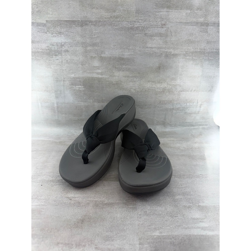 Clarks Cloudsteppers Arla Glison Black Grey Thong Wedge Sandals Women Sz 8 M